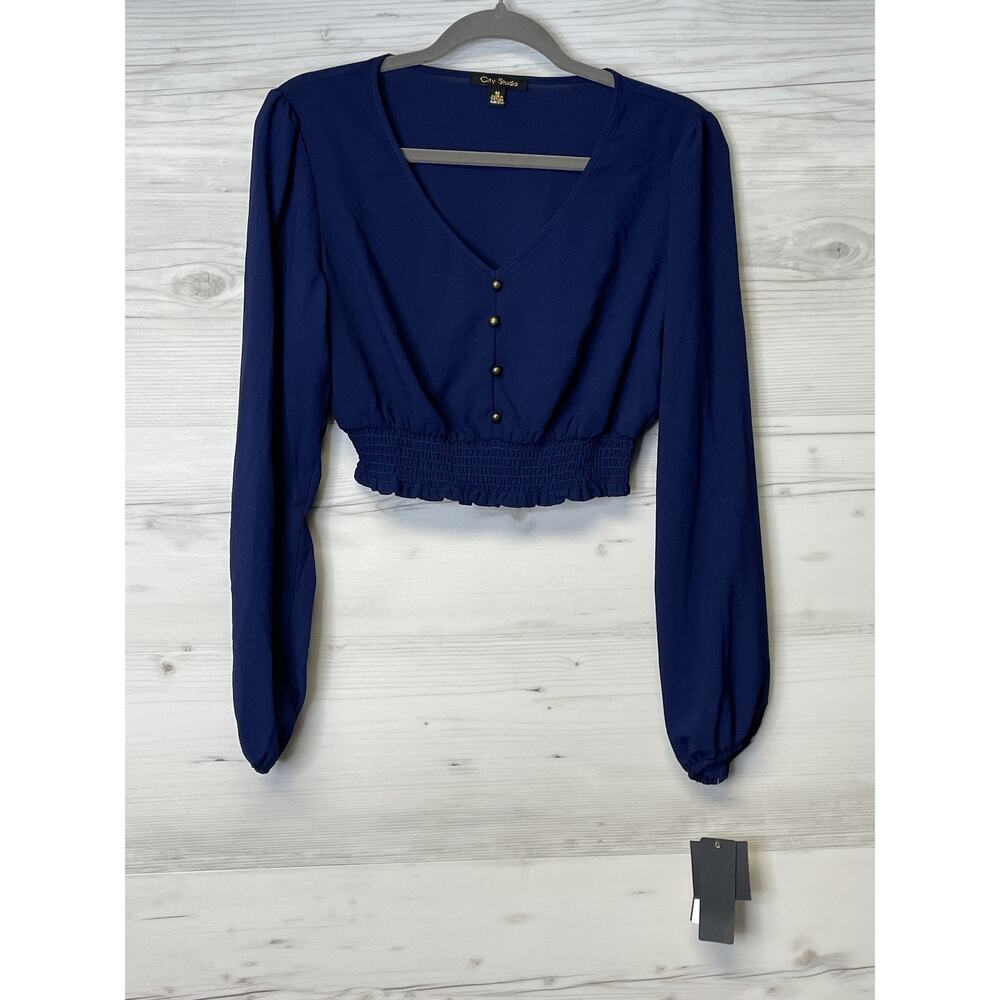 City Studio Blouse Womens Medium Blue Long Sleeve V Neck Smocked Crop Top‎ NWT